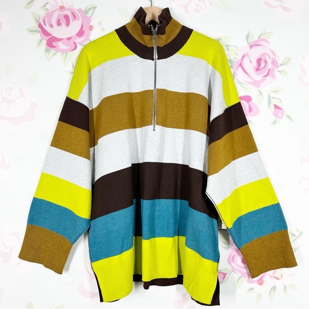 NEW Free People Coastal Stripe Olive Lime Combo Pullover Knit Sweater L